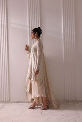 Elegant off-white ivory suit with pearl work and modern sarong style pants.