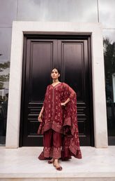 SS24DA-2415 MAROON 2PCS EMBROIDERED CAPE WITH TROUSER