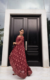 SS24DA-2415 MAROON 2PCS EMBROIDERED CAPE WITH TROUSER