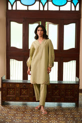 SS24DC-2324 LIGHT GREEN 2PCS EMBROIDERED KURTA WITH TROUSER