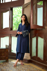 SS24DC-2328 NAVY BLUE 2PCS EMBROIDERED KURTA WITH TROUSER