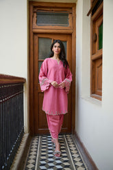 SS24DC-2321 PINK 2PCS EMBROIDERED KURTA WITH TROUSER