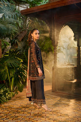 Detailed navy blue 3-piece formal suit featuring delicate embroidery and matching dupatta.