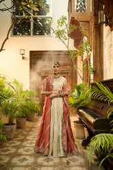 Subtle beige 3-piece formal outfit with intricate detailing and contrast embroidery.