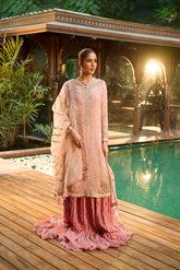 Soft light pink 3-piece luxury suit with delicate thread work and matching accessories.
