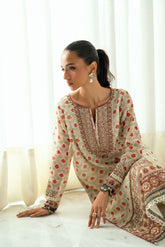 SS25DA-2685 CREAM 2PCS EMBROIDERED KURTA WITH TROUSER
