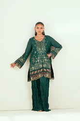 Green 2-piece silk suit with delicate floral embroidery