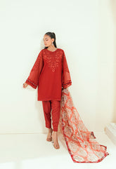 SS25DA-2698 RED 2PCS EMBROIDERED KURTA WITH TROUSER