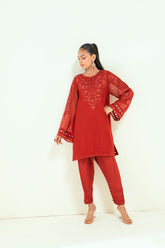 SS25DA-2698 RED 2PCS EMBROIDERED KURTA WITH TROUSER