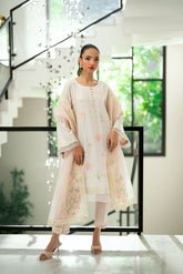 Tea pink 2-piece embroidered kurta with matching trousers and lace accents.