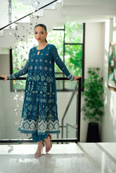 SS25DA-2742 TURQUOISE BLUE 2PCS EMBROIDERED PISHWAS WITH TROUSER