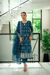 SS25DA-2742 TURQUOISE BLUE 2PCS EMBROIDERED PISHWAS WITH TROUSER