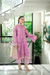 Lilac 2-piece embroidered ensemble with lace detailing on sleeves and hem.