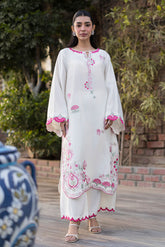 SS25DA-2766 CREAM 2PCS EMBROIDERED KURTA WITH TROUSER