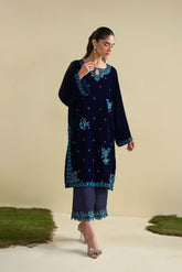 FW25DA-2801 Midnight blue velvet with teal and silver bell sleeves.