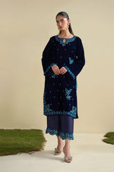 FW25DA-2801 Midnight blue velvet with teal and silver bell sleeves.