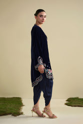 FW25DA-2803 Navy Blue 2-Piece: Navy velvet shirt with soft pink and mint floral embroidery, accented with mirror and threadwork.