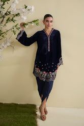 FW25DA-2803 Navy Blue 2-Piece: Navy velvet shirt with soft pink and mint floral embroidery, accented with mirror and threadwork.