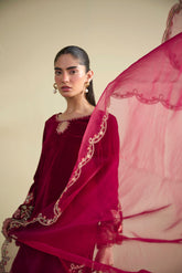 FW25DA-2804 Velvet ensemble in red with gold embroidery on keyhole neckline and cuffs.
