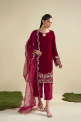FW25DA-2804 RED 2PCS EMBROIDERED KURTA WITH TROUSER