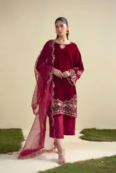 FW25DA-2804 RED 2PCS EMBROIDERED KURTA WITH TROUSER
