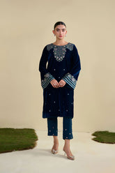 Turquoise blue 2-piece velvet suit with refined gold embroidery.