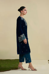 Turquoise blue 2-piece velvet suit with refined gold embroidery.