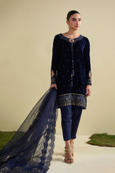 FW25DA-2810 Navy Blue 2-Piece: Enchanting navy velvet kurta adorned with golden embroidery, paired with matching embroidered trousers.