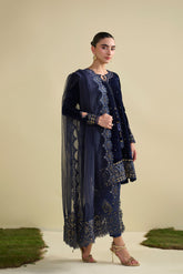 FW25DA-2810 Navy Blue 2-Piece: Enchanting navy velvet kurta adorned with golden embroidery, paired with matching embroidered trousers.