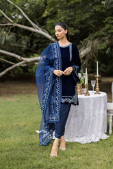 FW25DA-2814 Navy velvet ensemble with blue and silver embroidery on neckline and hemline.