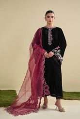 FW25DA-2815 Black 2-Piece: Exquisite black velvet ensemble featuring delicate floral embroidery in rose and teal tones.