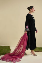 FW25DA-2815 Black 2-Piece: Exquisite black velvet ensemble featuring delicate floral embroidery in rose and teal tones.