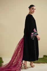 FW25DA-2815 Black 2-Piece: Exquisite black velvet ensemble featuring delicate floral embroidery in rose and teal tones.