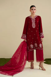 FW25DA-2820 Red 2-Piece: Sumptuous crimson velvet kurta with delicate pink and gold embroidery on the neckline, cuffs, and sweeping hem.