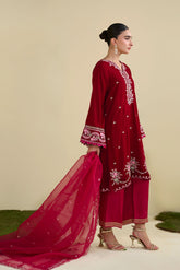 FW25DA-2820 Red 2-Piece: Sumptuous crimson velvet kurta with delicate pink and gold embroidery on the neckline, cuffs, and sweeping hem.