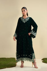 FW25DA-2823 Bottle Green 2-Piece: Deep emerald velvet shirt with exquisite silver embroidery on wide bell sleeves and neckline.