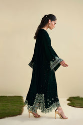 FW25DA-2823 Bottle Green 2-Piece: Deep emerald velvet shirt with exquisite silver embroidery on wide bell sleeves and neckline.