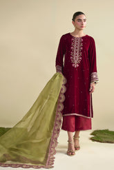 FW25DA-2824 Maroon 2-Piece: Opulent deep maroon velvet kurta with intricate berry and gold floral embroidery and subtle sequin accents.
