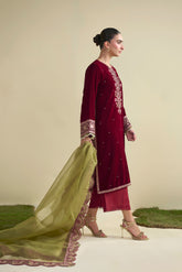 FW25DA-2824 Maroon 2-Piece: Opulent deep maroon velvet kurta with intricate berry and gold floral embroidery and subtle sequin accents.