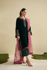 FW25DA-2825 Bottle green velvet shirt featuring floral motifs in pink and gold with shimmering sequin accents