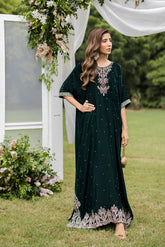 FW25DA-2829 Bottle Green Kaftan: Emerald velvet kaftan with gold and pink embroidery along the neckline and hem for a regal silhouette.
