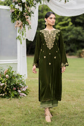 FW25DA-2831 Olive green velvet kurta with intricate embroidery along the front placket, neckline, and sleeves, paired with trousers.