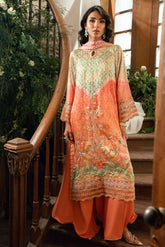 SS26DA-2893 Orange 2-piece shamooz silk ensemble featuring hand embellishments and a graceful printed kurta.