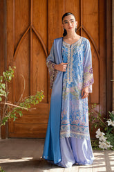 SS26DA-2897 Purple 2-piece crepe silk outfit with a subtle print, delicate hand embellishments, and solid flared pants.