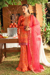 SS26DA-2916 ORANGE -SILK TUNIC- 2PCS HAND EMBELLISHED SHIRT WITH TROUSER