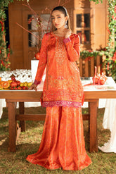 SS26DA-2916 ORANGE -SILK TUNIC- 2PCS HAND EMBELLISHED SHIRT WITH TROUSER