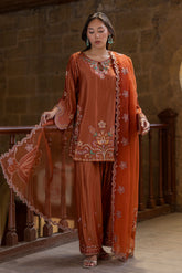 SS26DA-2927 RUST 2PCS EMBROIDERED KURTA WITH TROUSER