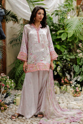 SS26DA-2933 L-PINK -SILK TUNIC- 2PCS HAND EMBELLISHED SHIRT WITH TROUSER
