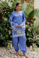SS26DA-2934 BLUE -SILK TUNIC- 2PCS HAND EMBELLISHED SHIRT WITH TROUSER