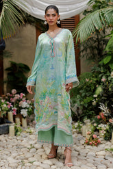 SS26DA-2937 GREEN -SILK TUNIC- 2PCS HAND EMBELLISHED SHIRT WITH TROUSER